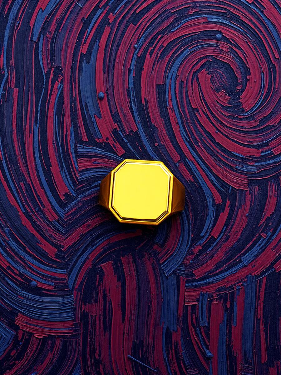 Anel signet dourado com face quadrada sobre pedra escura