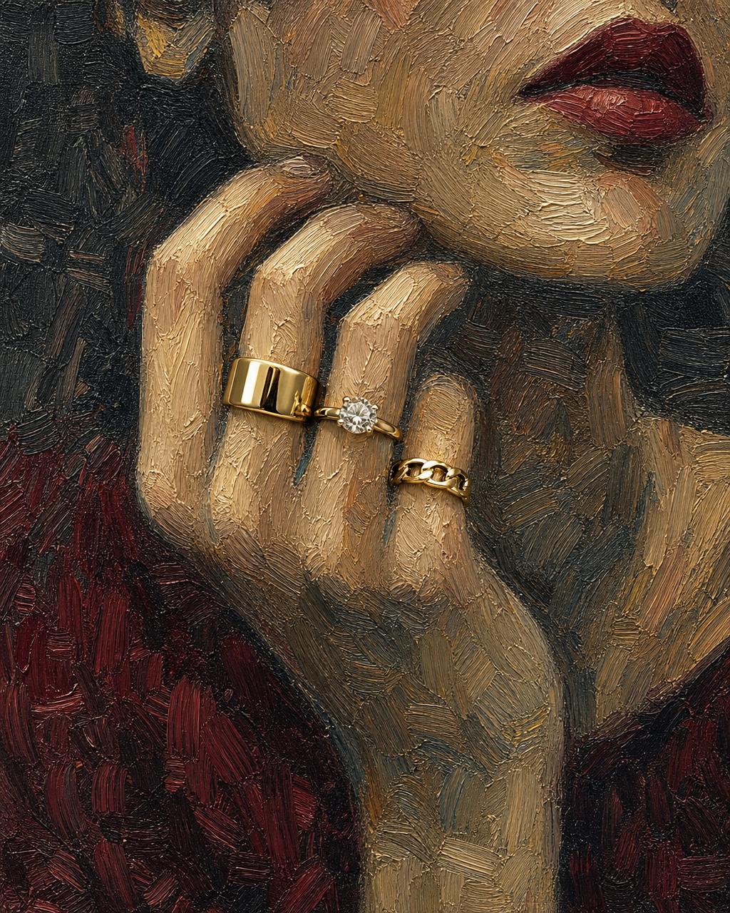 Anéis dourados sobrepostos na mão de uma mulher